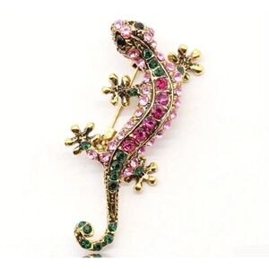 Gecko Lizard Brooch Pin Pink Green Rhinestone Insect Jewelry Women